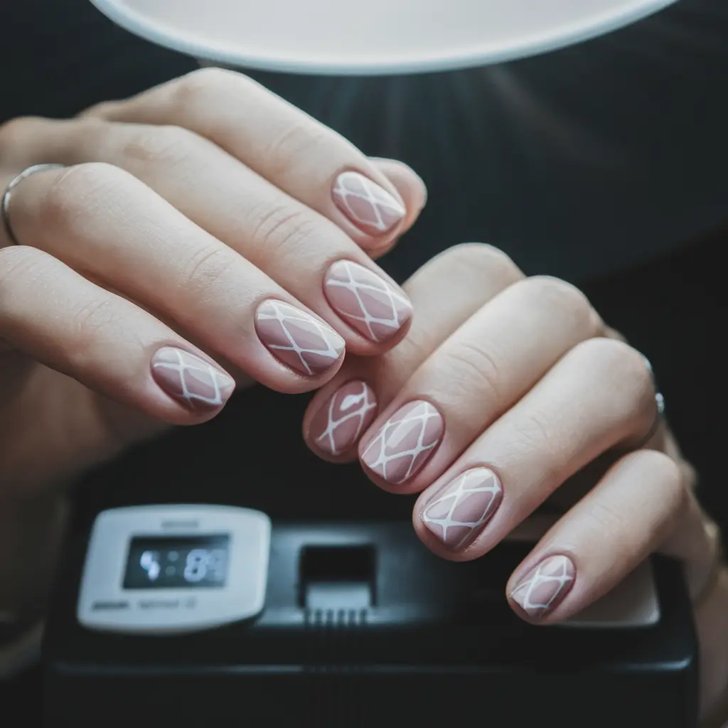 pink nails summer short Soft Diamond Grid on Dusty Pink