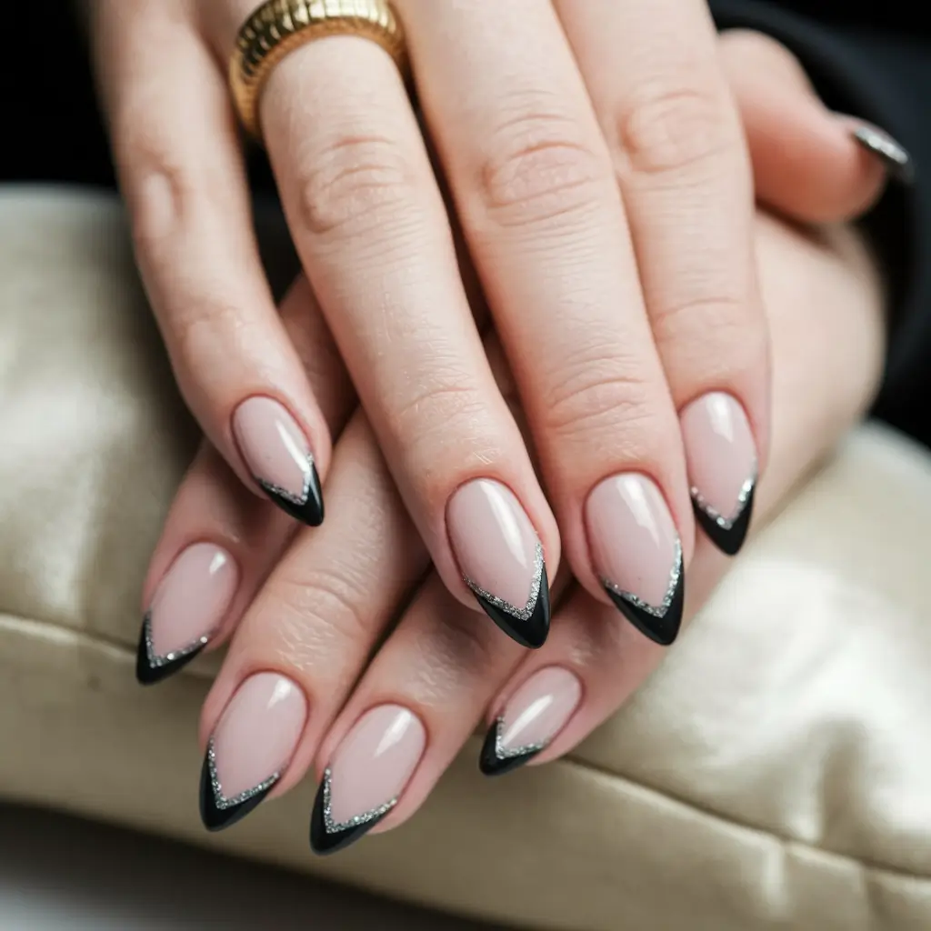 pink summer nails Almond Black Edged with Glitter Halo