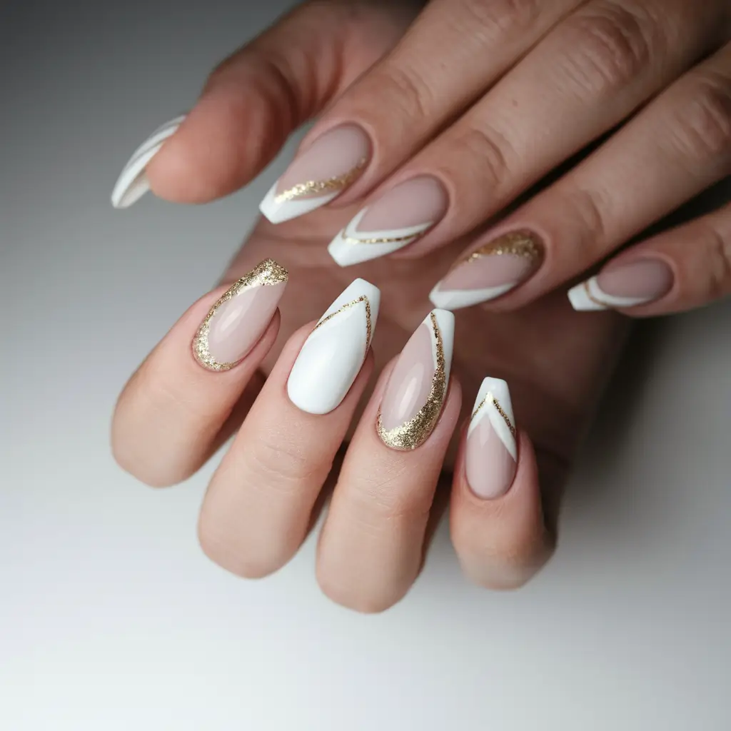 Pink Nails Summer Coffin White & Gold Swirl with Luxe Length