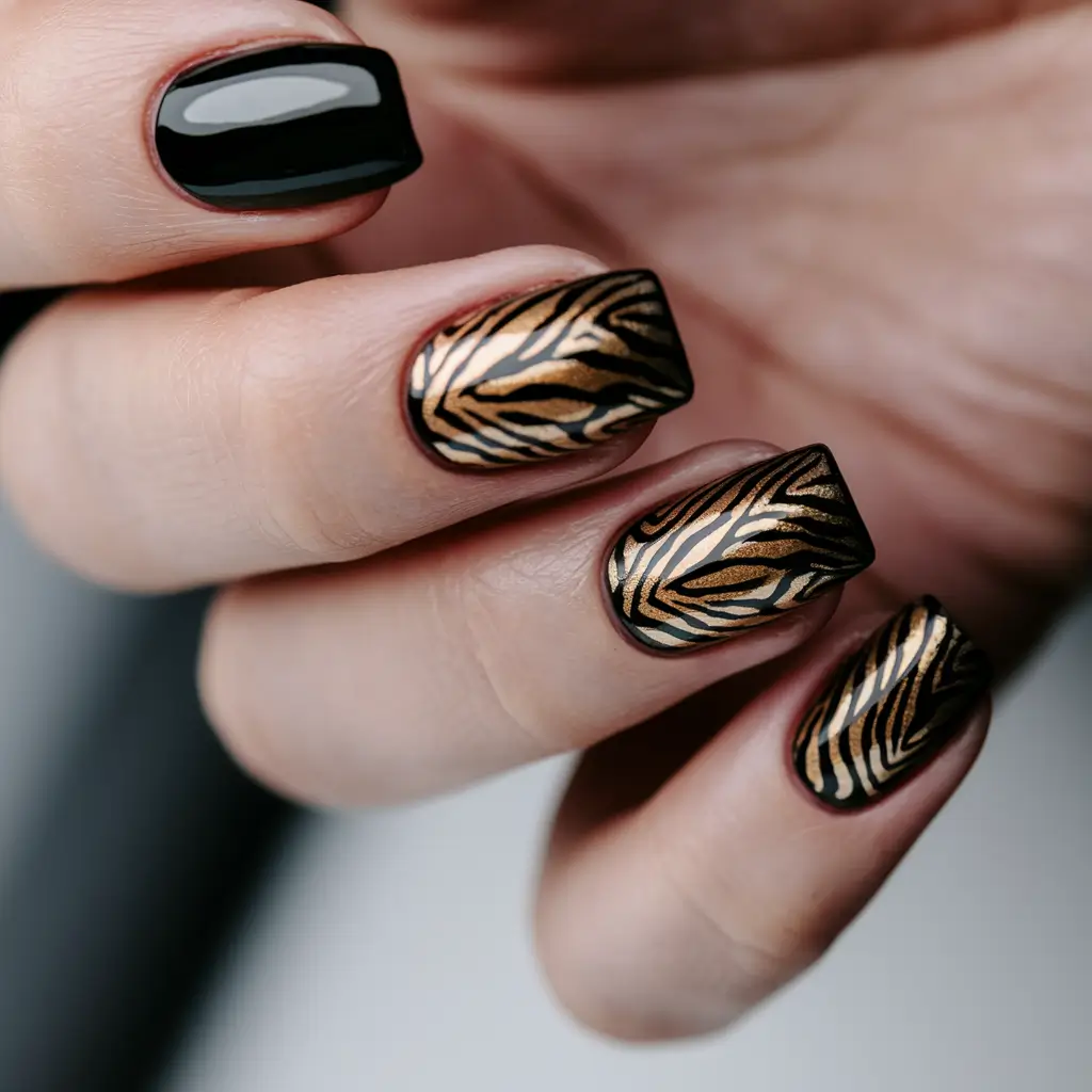 pretty nails Metallic Animal Print Meets Glossy Black Drama