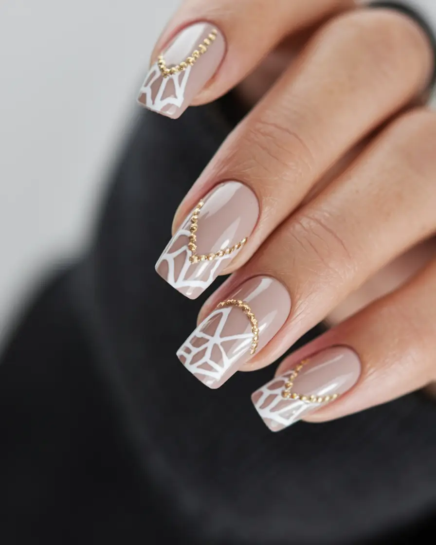 pretty nails Geometric French with Gold Chain Detail