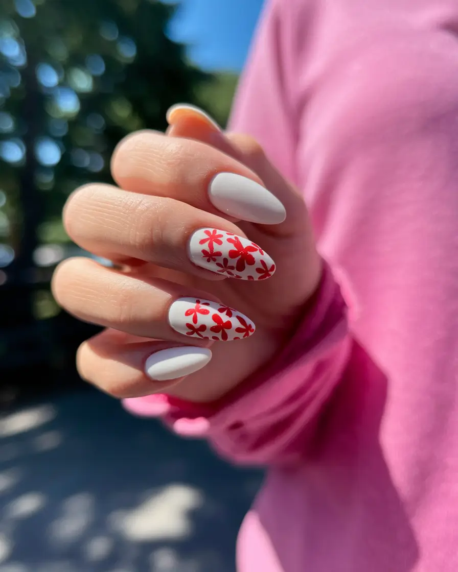 pretty nails Bold Red Florals on White Matte