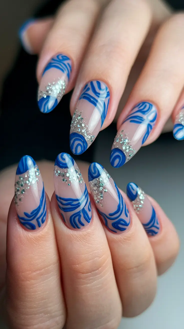 pretty nails Glitter-Edged Blue Waves