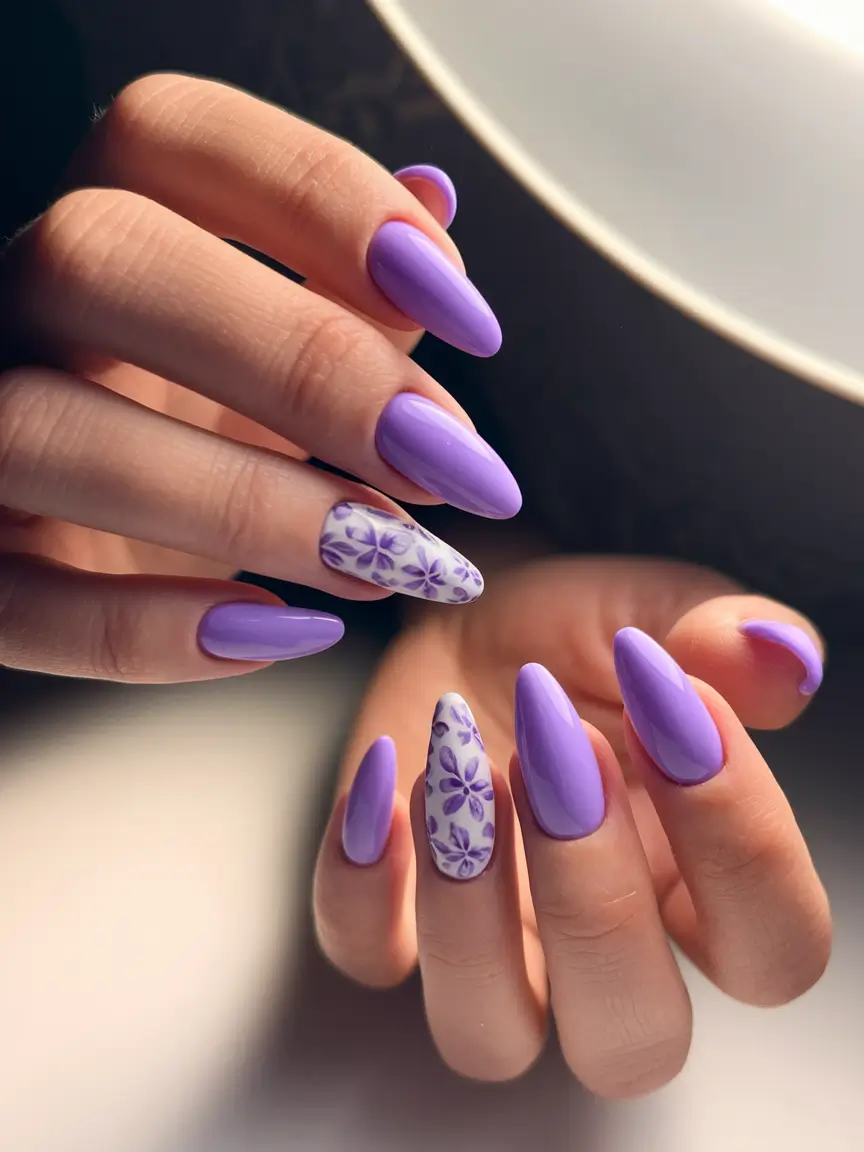 purple summer nails Classic Lilac with Subtle Florals