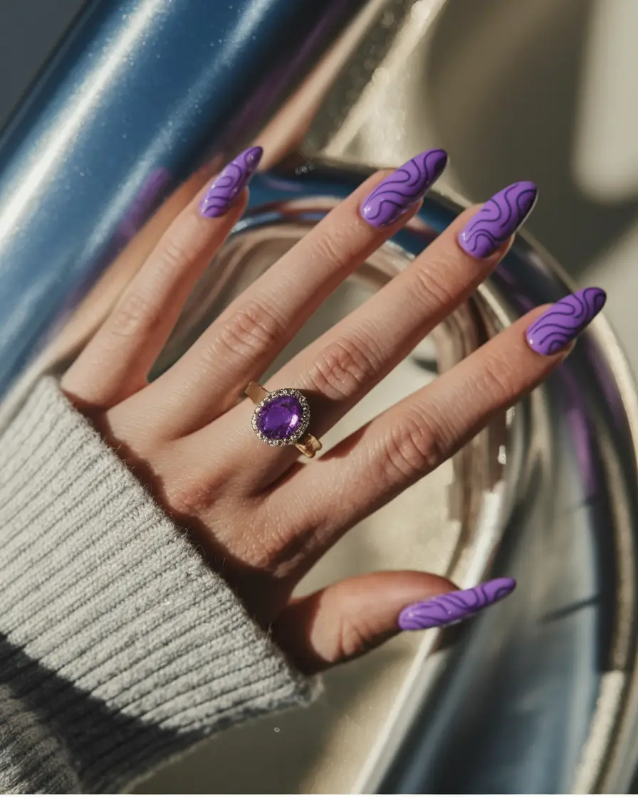 purple summer nails Swirled Violet on Coffin Tips