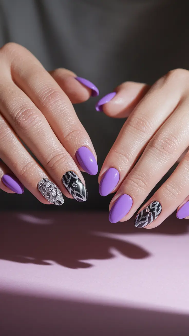 purple summer nails Midnight Purple Meets Silver Edge
