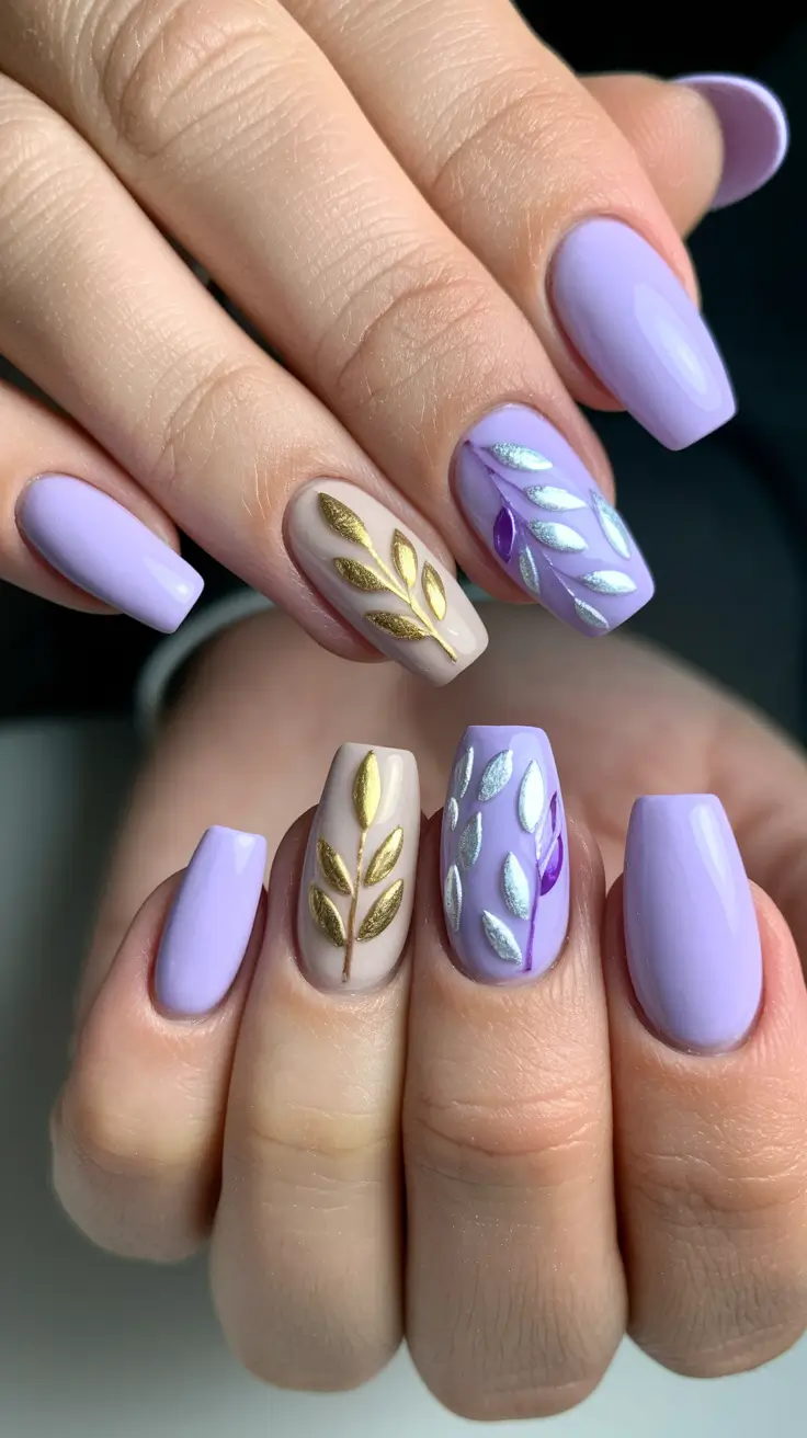 purple summer nails square Botanical Embossed Elegance in Pastel Purple