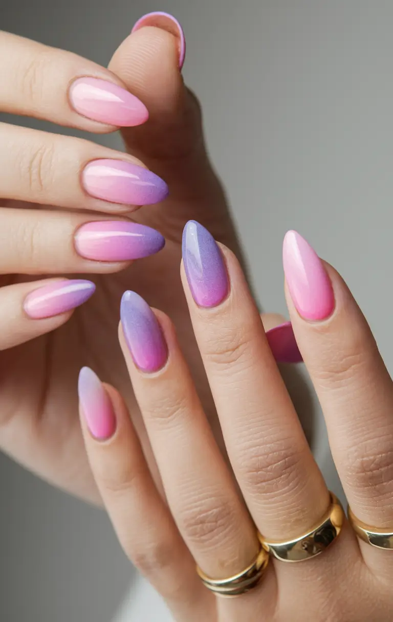 purple summer nails almond Sunset Ombré Fade from Pink to Purple