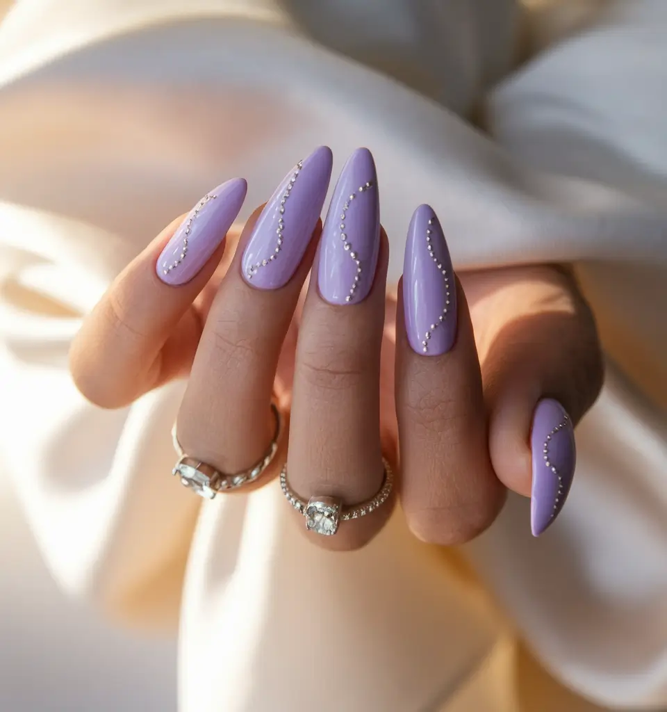 purple summer nails almond Lavender Wave with Pearl Lines
