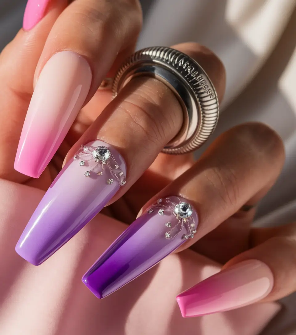 purple summer nails acrylic Gradient Glitz with Crown Gems