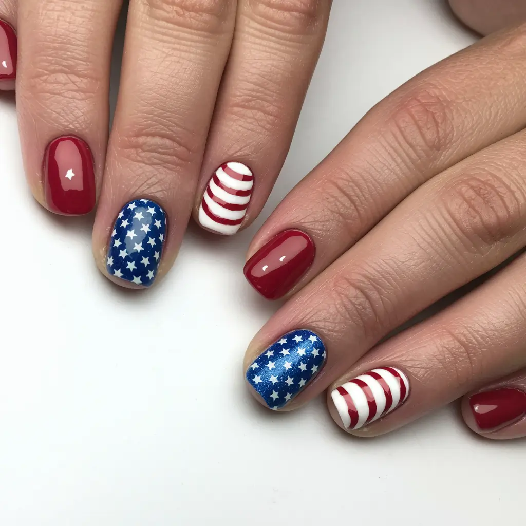 red white blue nails acrylic wavy lines