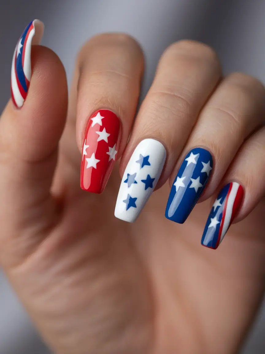 red white blue nails easy chevron and stars