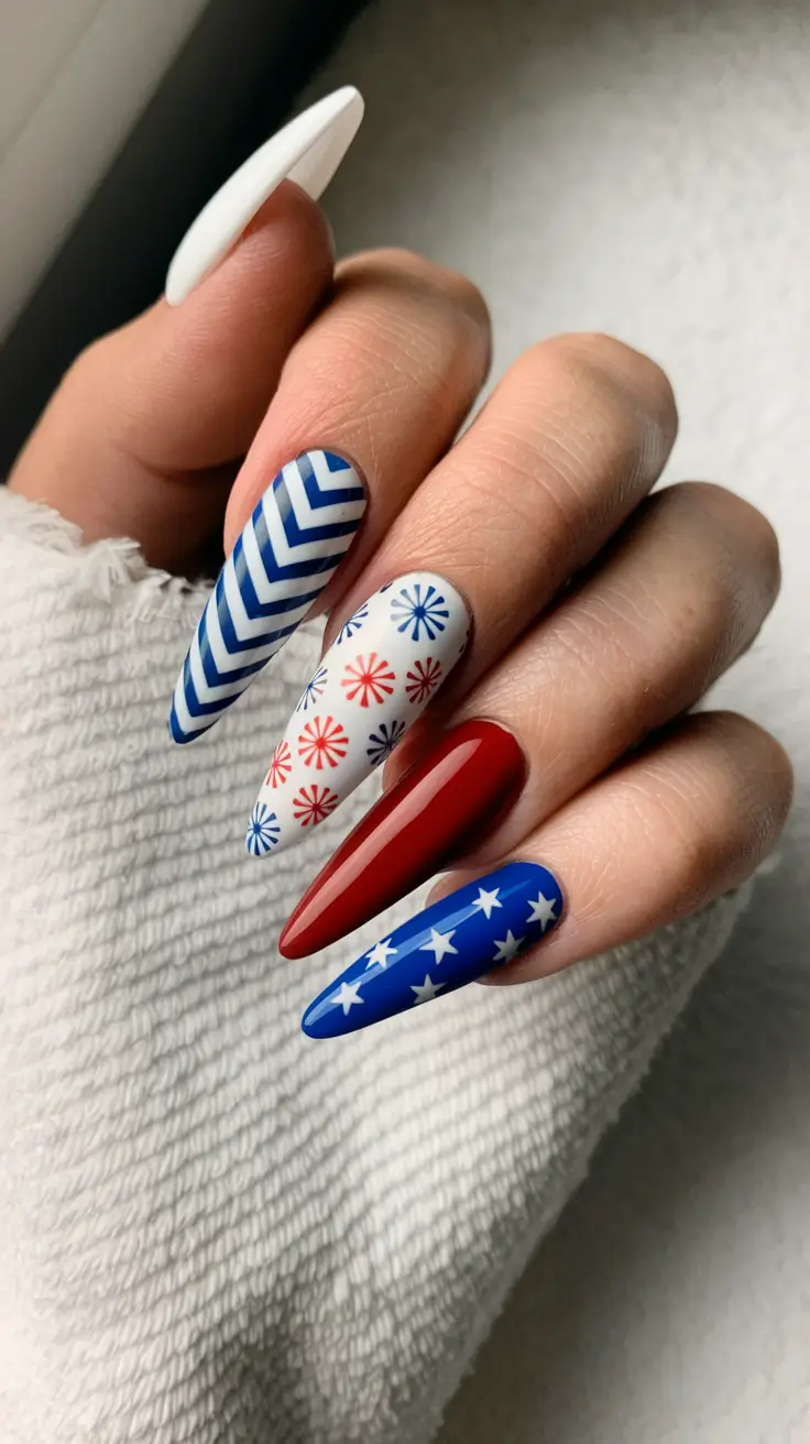 red white blue nails Cheerful Chevron & Starburst Combo
