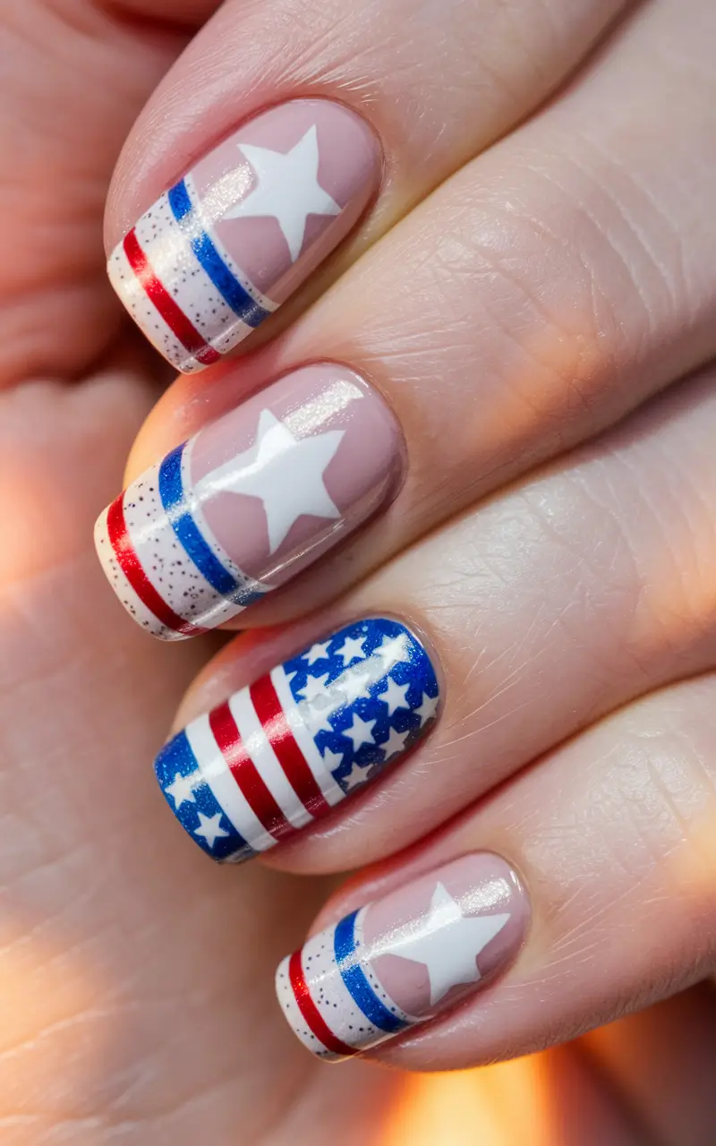 red white blue nails chrome modern waves