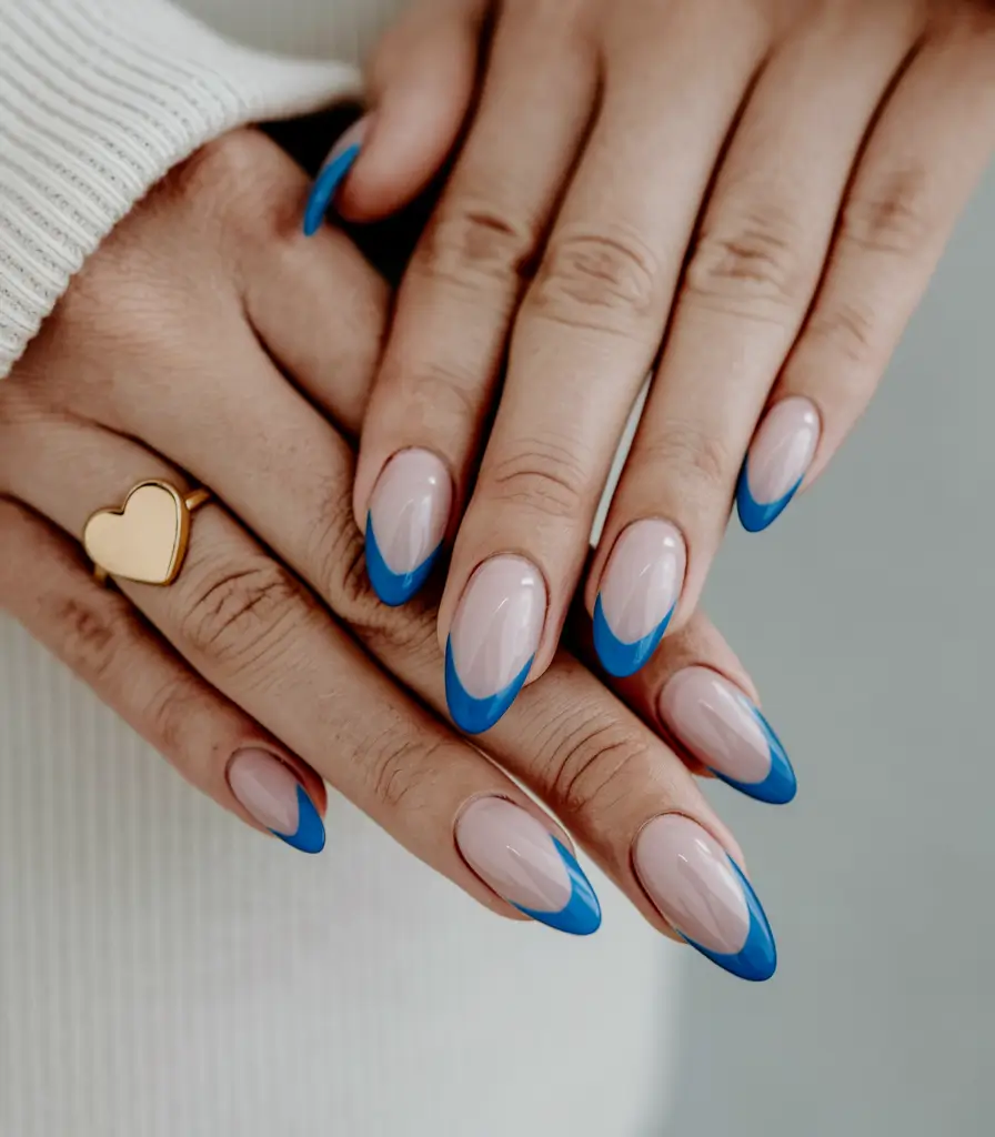 short acrylic nails for summer almond Blue French Tips with an Edge