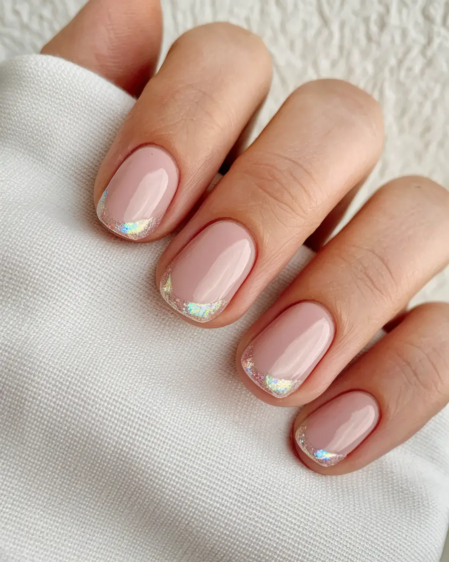 short acrylic nails for summer Holographic French Sparkle on Nude Pink