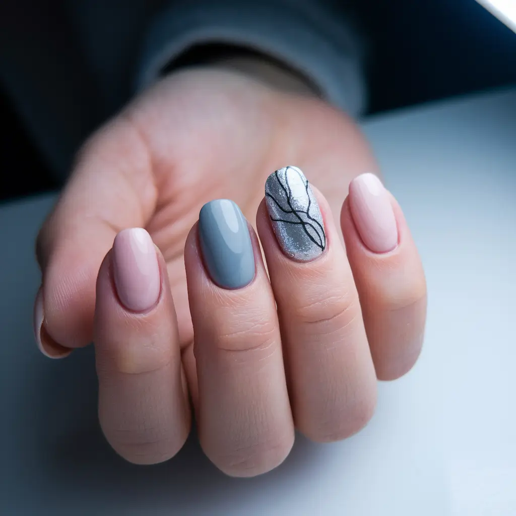 short acrylic nails for summer Subtle Gray and Silver Contrast with Minimalist Line Art