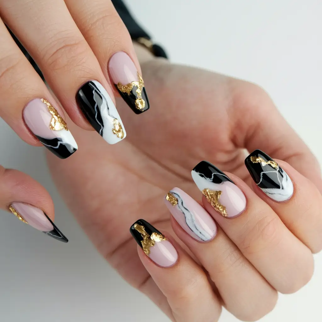 short acrylic nails for summer Gold-Trimmed Marble Effect in Chic Black and White