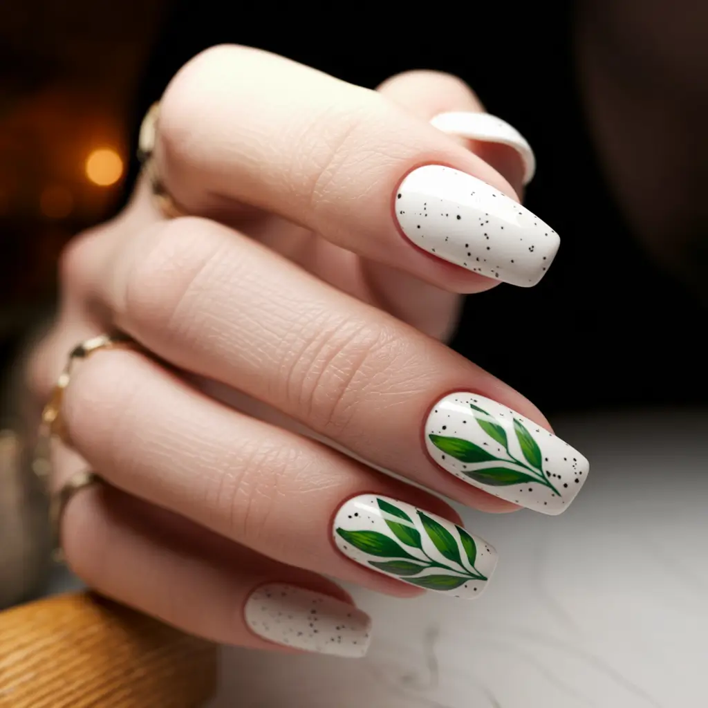 short acrylic nails for summer Speckled White and Leafy Green Simplicity