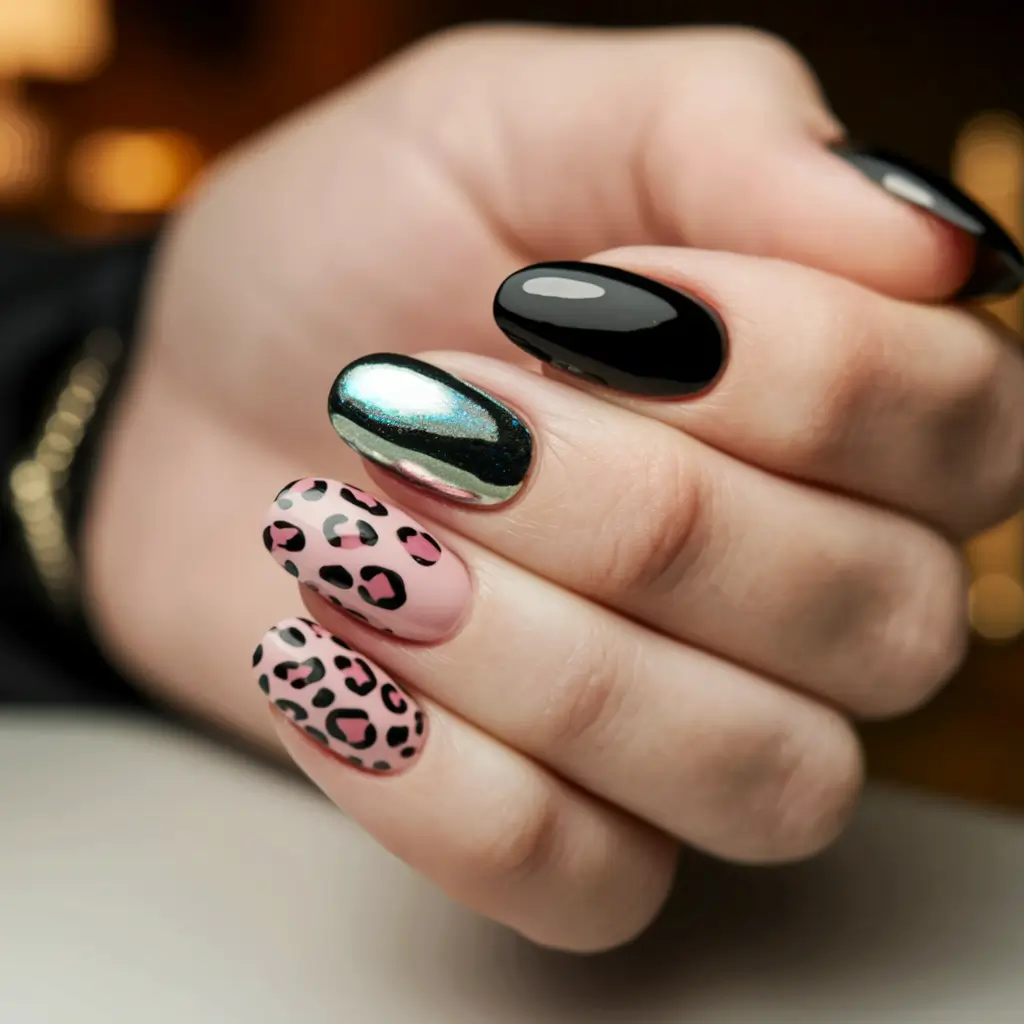 short acrylic nails for summer Black Chrome and Leopard Accent Fusion
