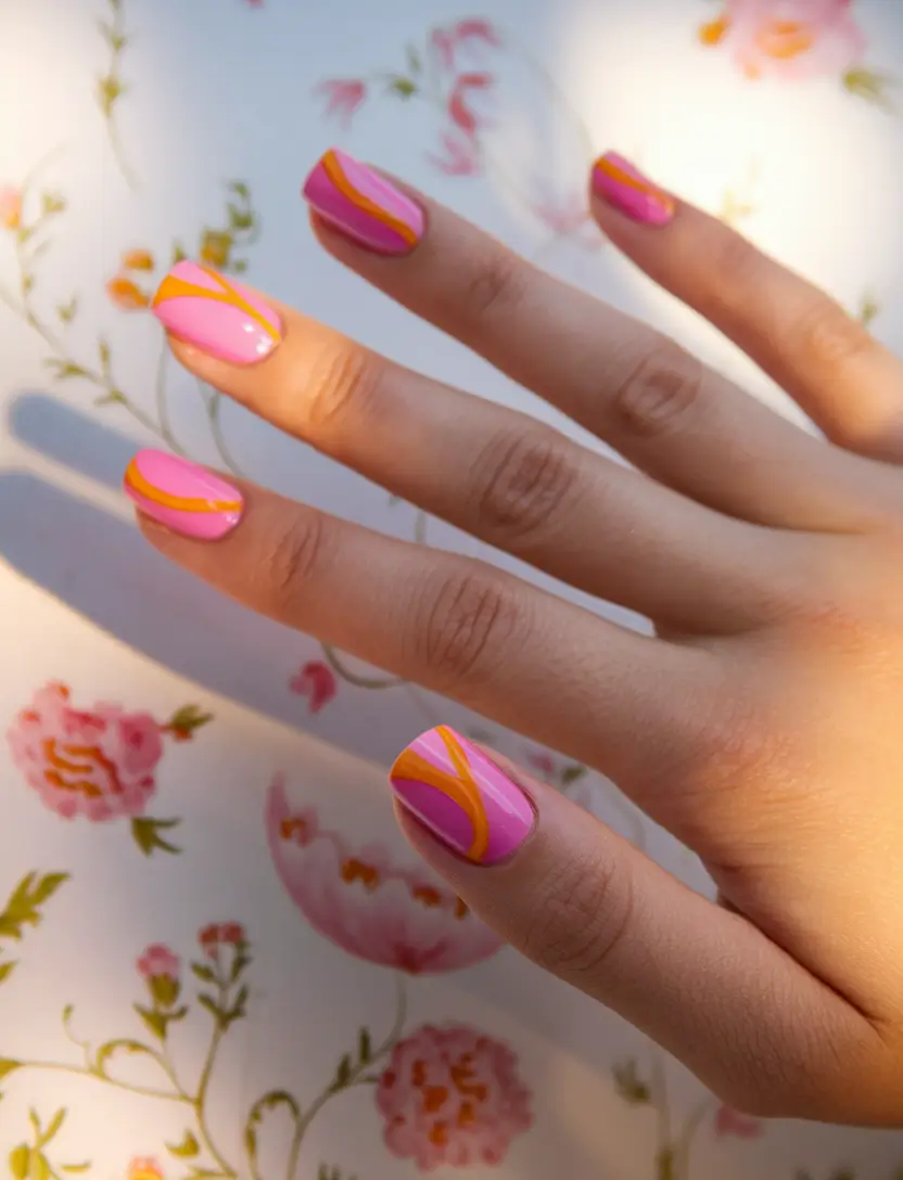 short acrylic nails for summer Tropical Sunset Stripes in Pink and Orange