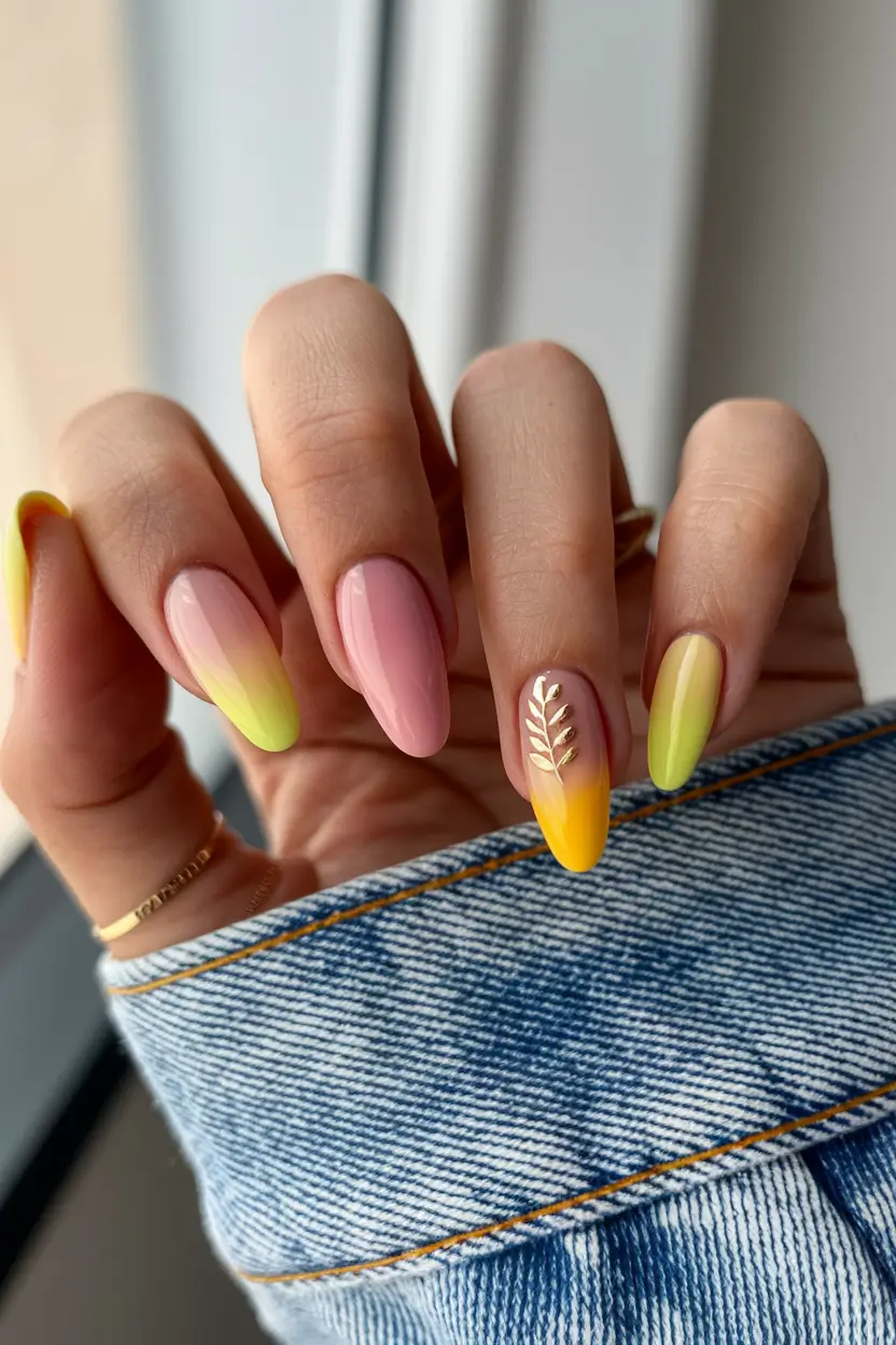short acrylic nails for summer almond Sunset Citrus Ombre with Gold Foil Accent