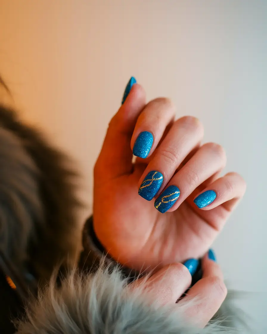 short acrylic nails for summer blue Galaxy Blue Sparkle with Gold Detail