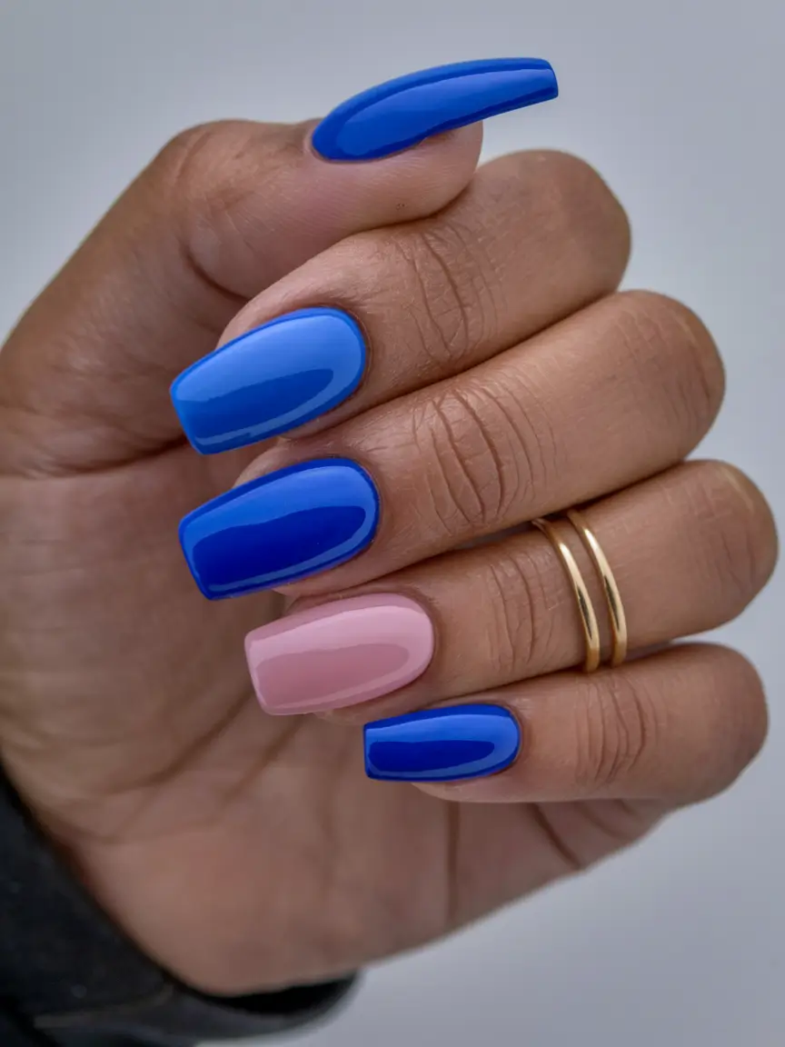 short acrylic nails summer colors Bold Blue and Blush Combo