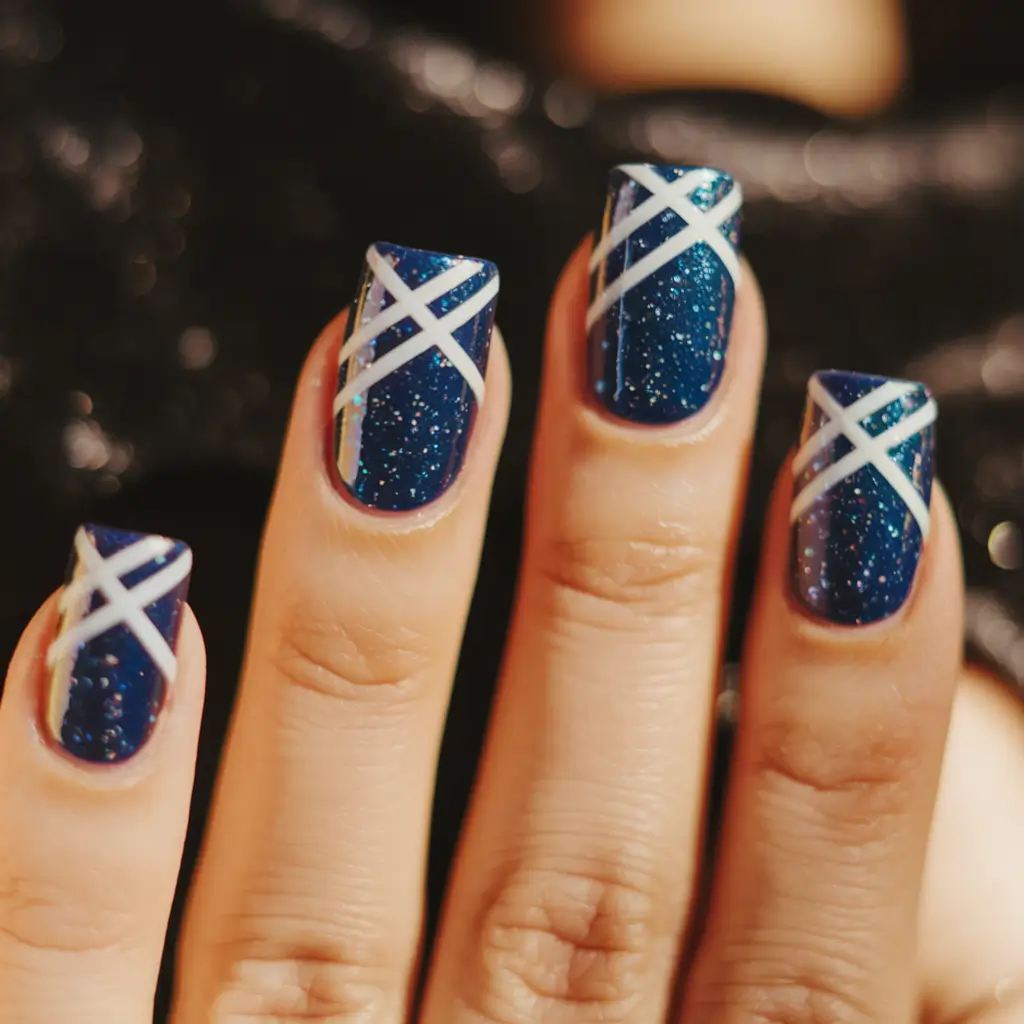 simple 4th of july nails fireworks Midnight Sparkle and Criss-Cross Stripes