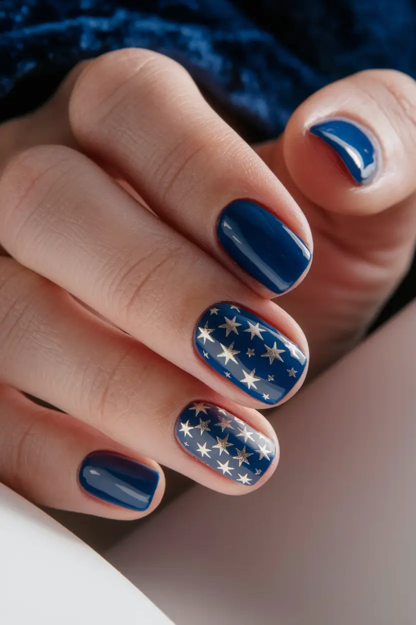 Simple 4th of July Nails for 2025 Galaxy of Stars in True Blue