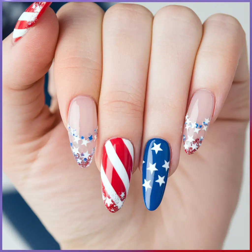 Simple 4th of July Nails for 2025 Stars & Sparkles on Almond Tips
