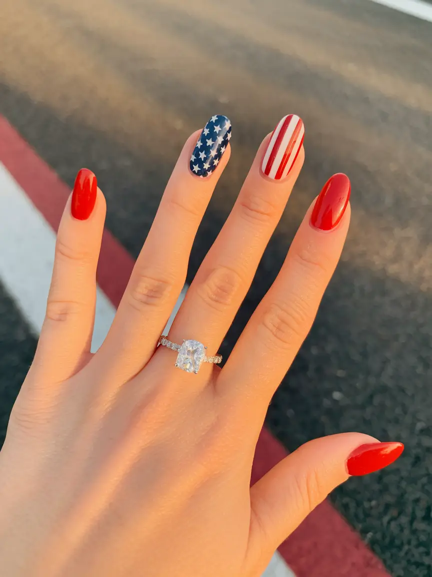 simple 4th of july nails almond Classic American Spirit in Glossy Red and Stars