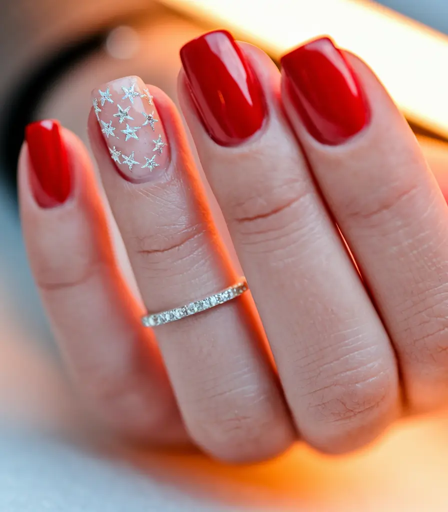 simple 4th of July nails fireworks Glossy Red with Sparkling Fireworks Accent