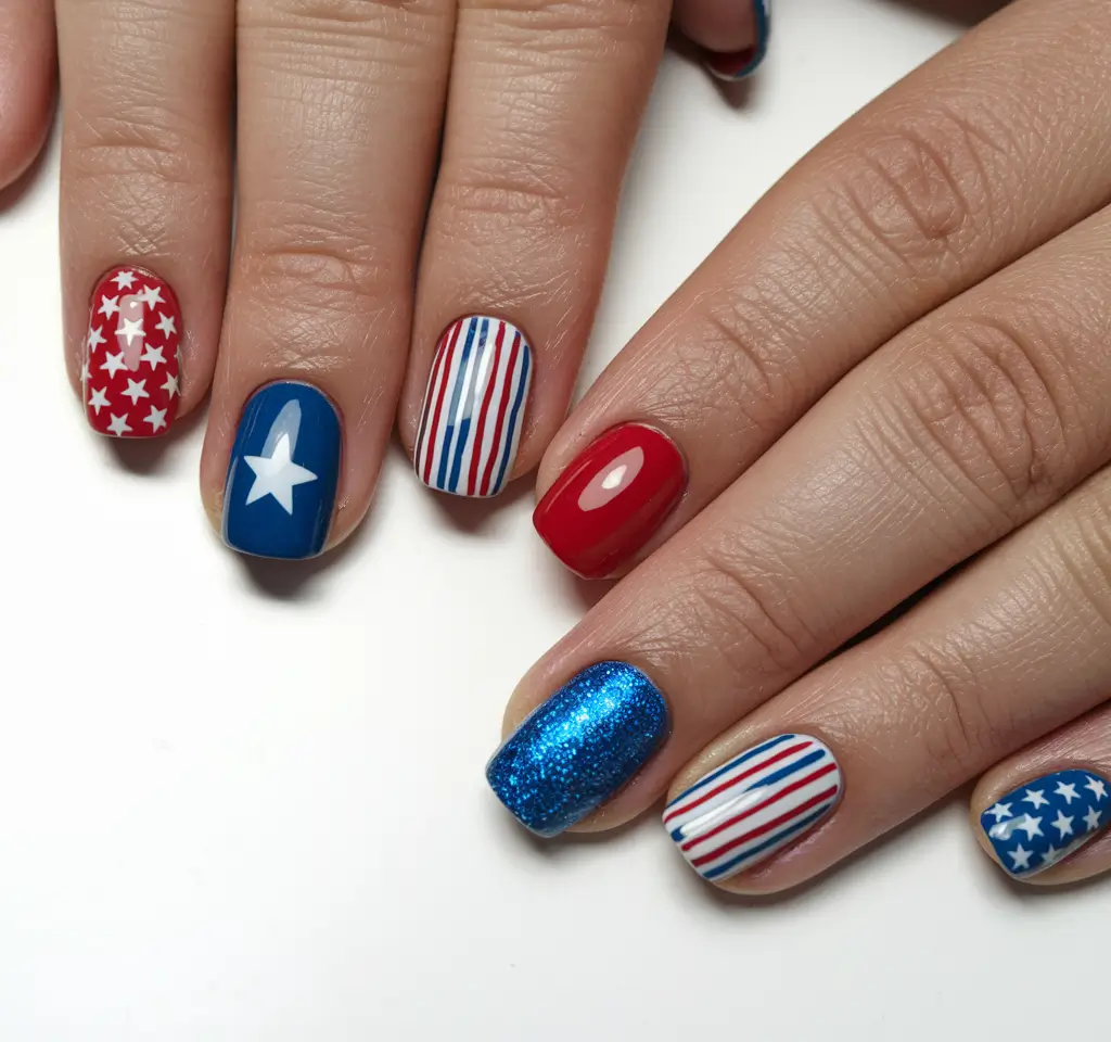 simple 4th of July nails gel Mixed Patriotism: Stripes, Stars & Shimmer