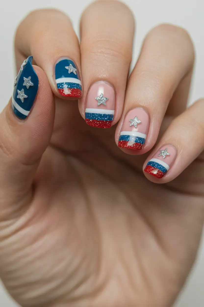 simple 4th of july nails french tip Glitter-Striped French with 3D Stars