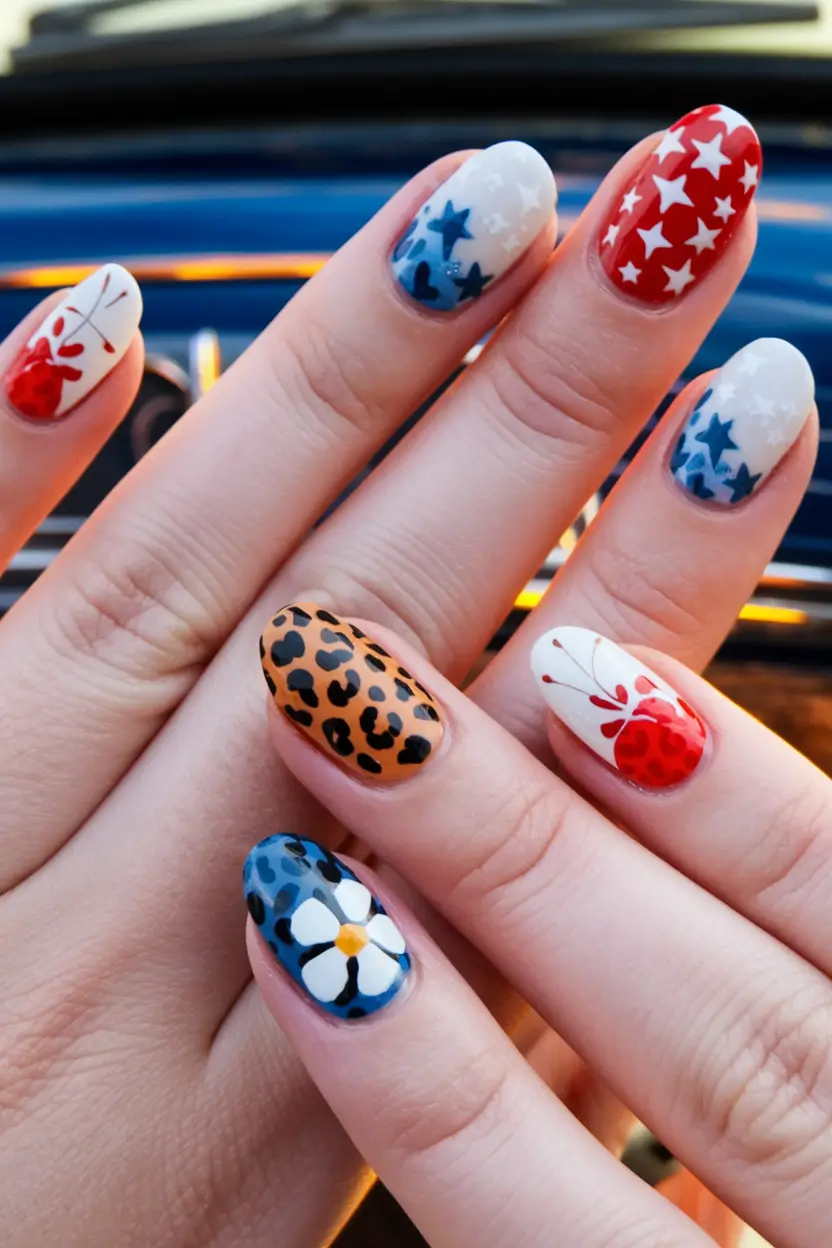 simple 4th of july nails almond Eclectic Stars and Leopard Layers