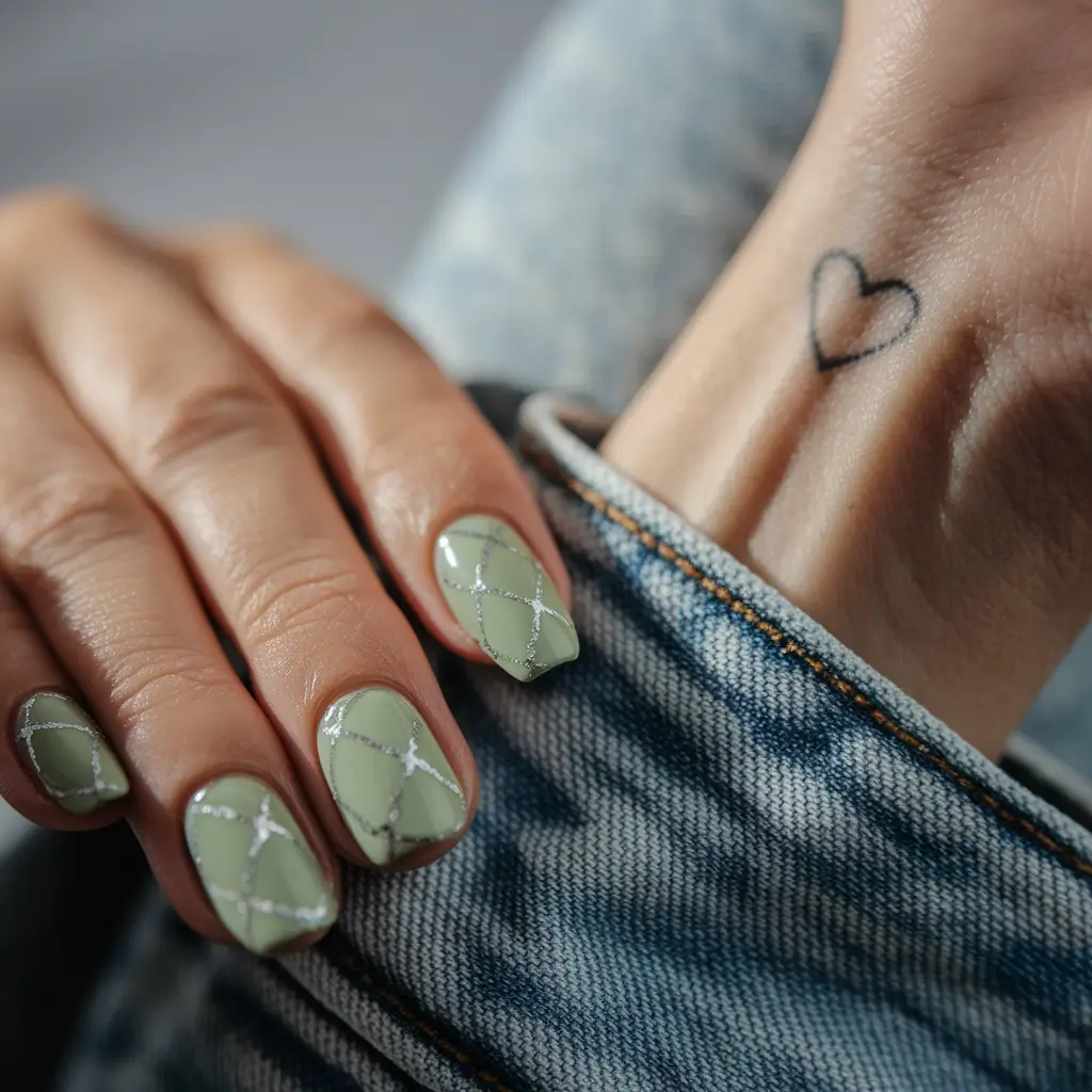 Nail designs Soft Pistachio with Silver Lattice