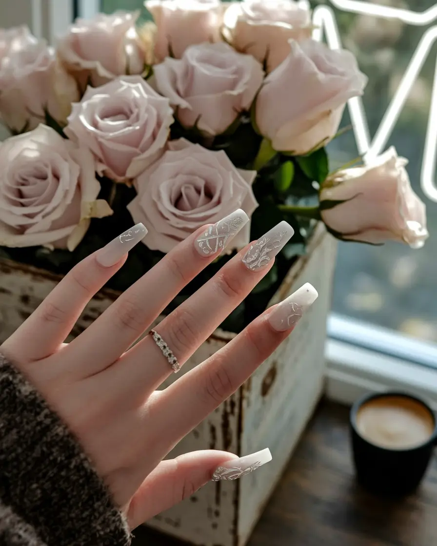 simple nails summer coffin Matte White Coffin with Floral Carving