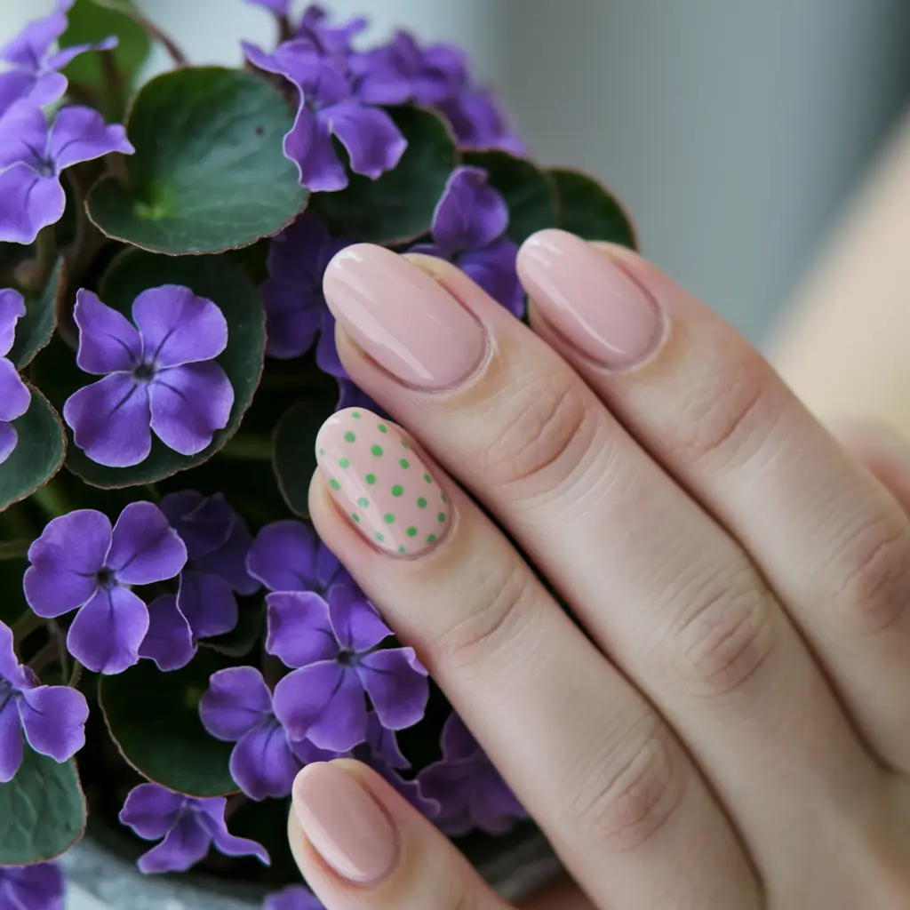 simple nails summer design Green Dot Accent with Natural Base
