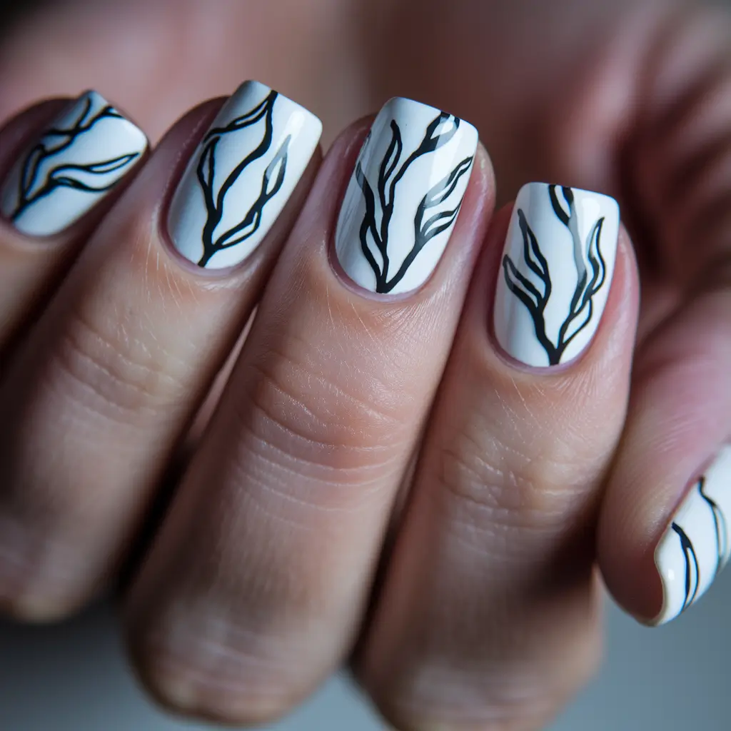  Hand-Painted Botanical on Short White Tips simple nails summer design
