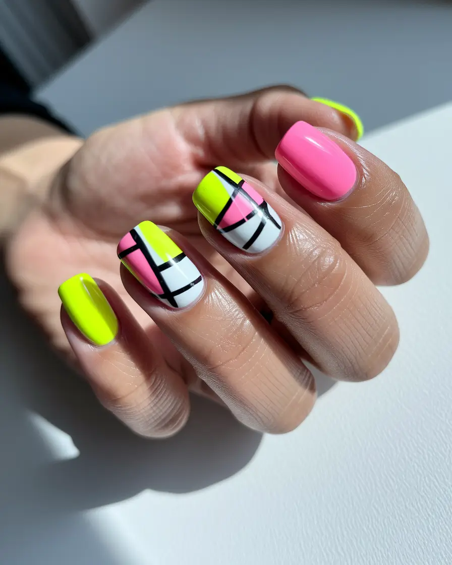 simple nails colorful Neon Pop Meets Modern Grid