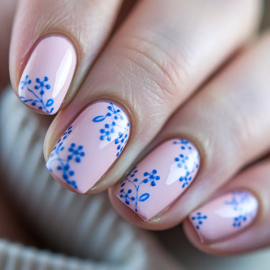 simple nails summer pink blue flowers delicate