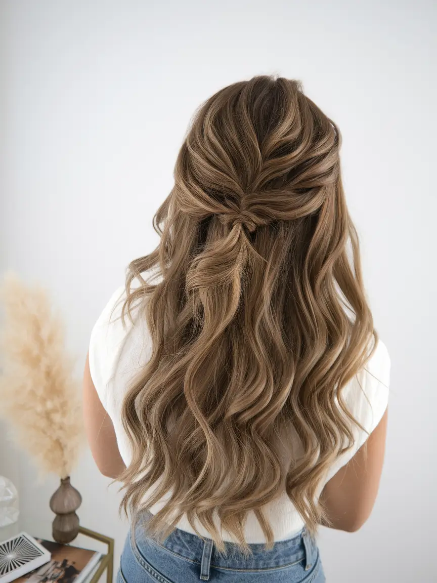 summer hairstyles for long hair Soft Twist Half-Up Waves with Dimensional Brunette Shine
