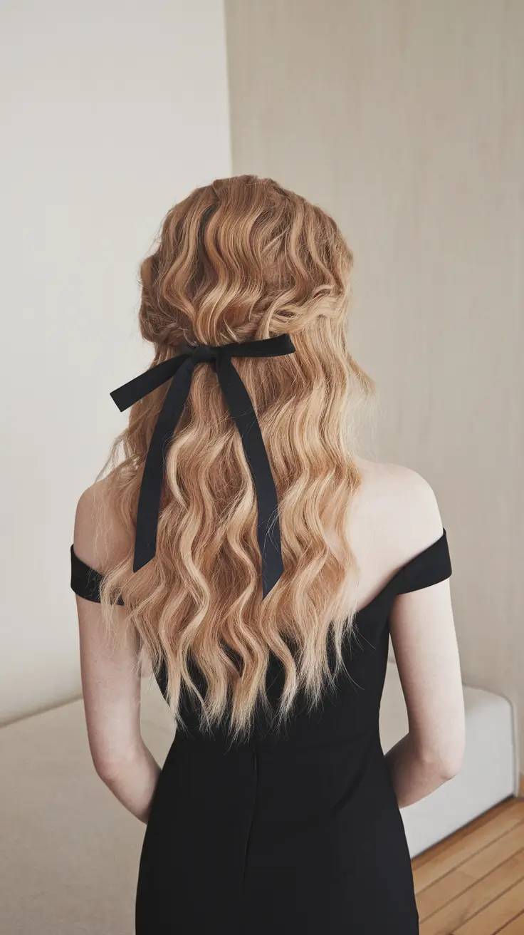 summer hairstyles for long hair Classic Waves with a Black Ribbon Twist