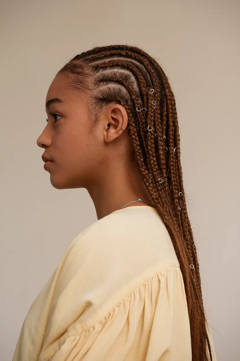 summer braids for black women Side-Part Cornrows with Metallic Beads