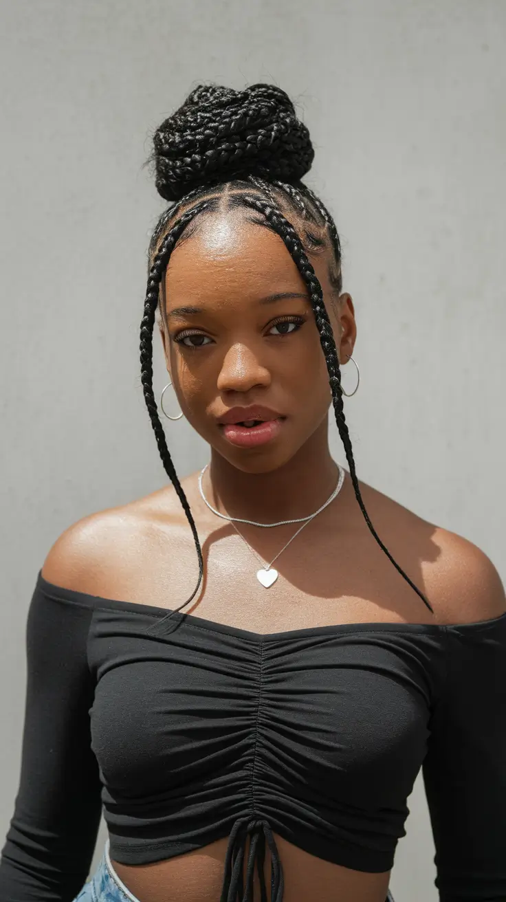summer braids for black women High Braided Bun with Long Side Tendrils