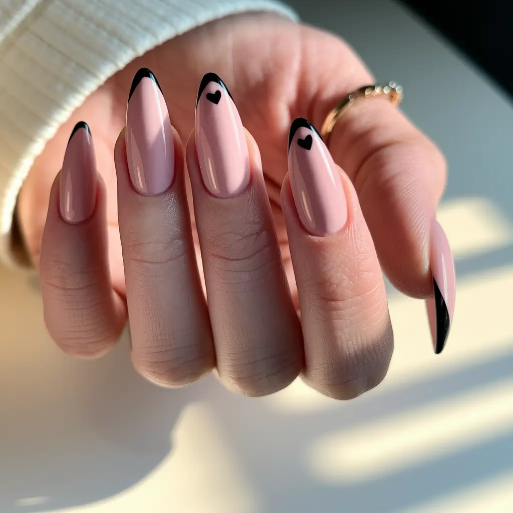summer round nails french Minimalist French with Black Heart Tips