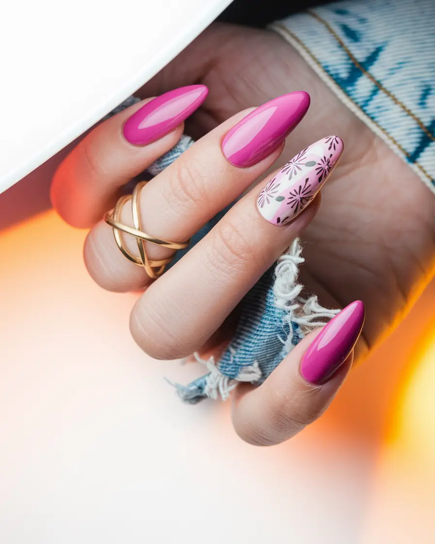 summer round nails pink Glossy Fuchsia Glam with Delicate Floral Accent