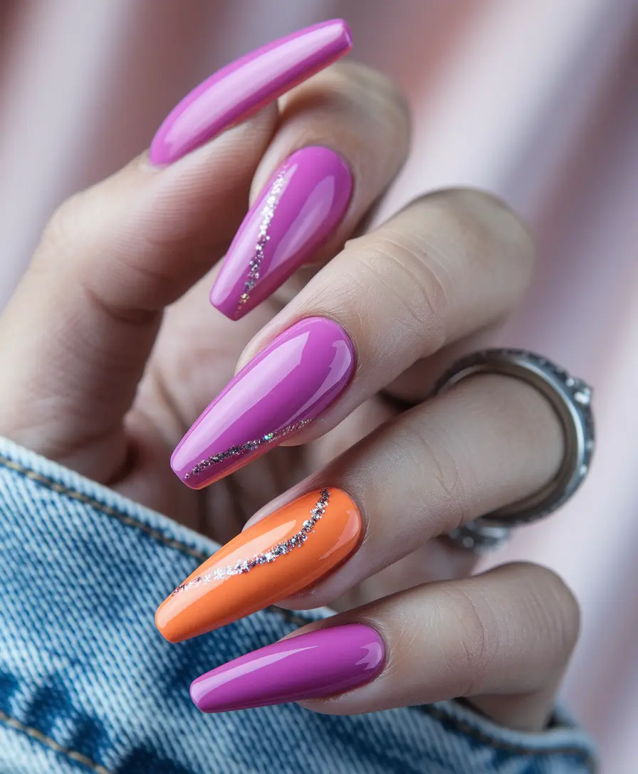 summer round nails orange Neon Pink & Citrus Orange with Glitter Waves
