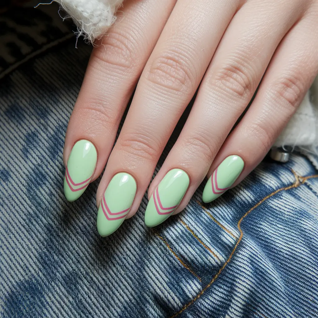 summer round nails simple Fresh Mint Chevron with Raspberry Lines